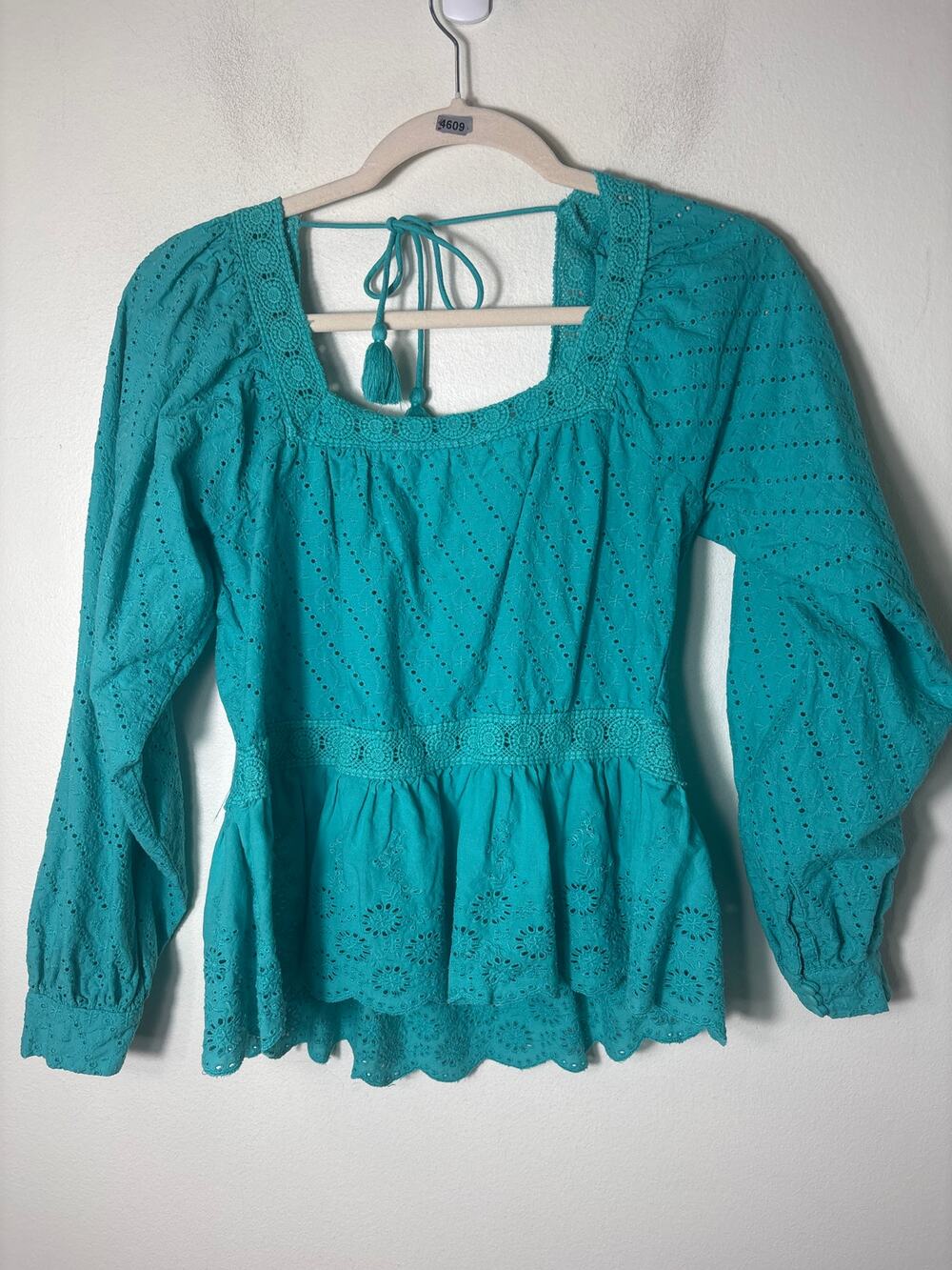 Mahila Teal Eyelet Peasant Top Sz M